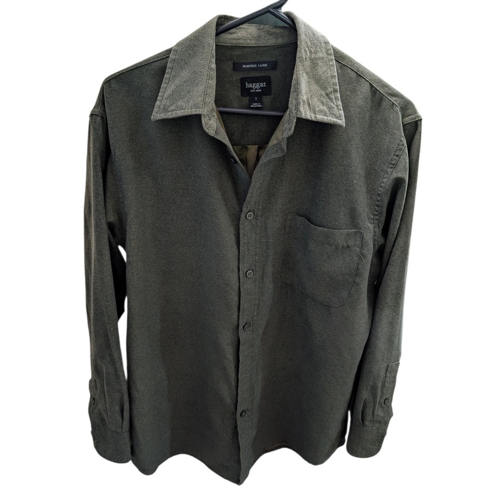 Haggar Sueded Luxe Mens S Olive Green Faux Suede Button Up Shirt Long Sleeve